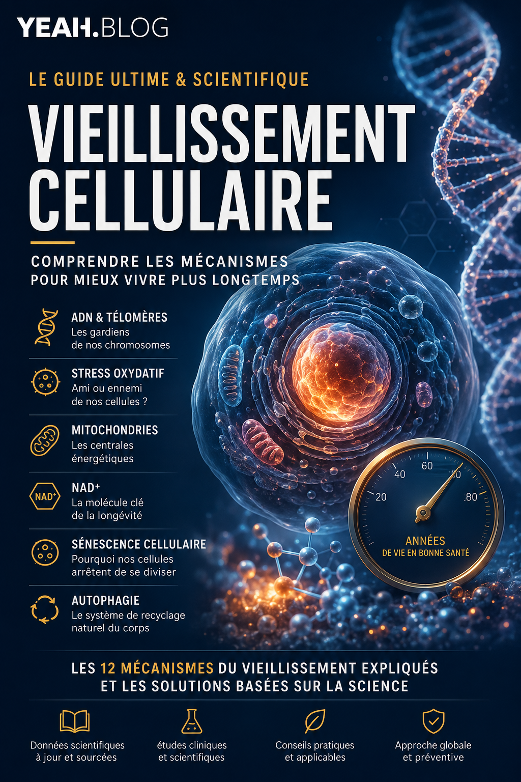 Vieillissement cellulaire : ADN, télomères, mitochondries, NAD+.